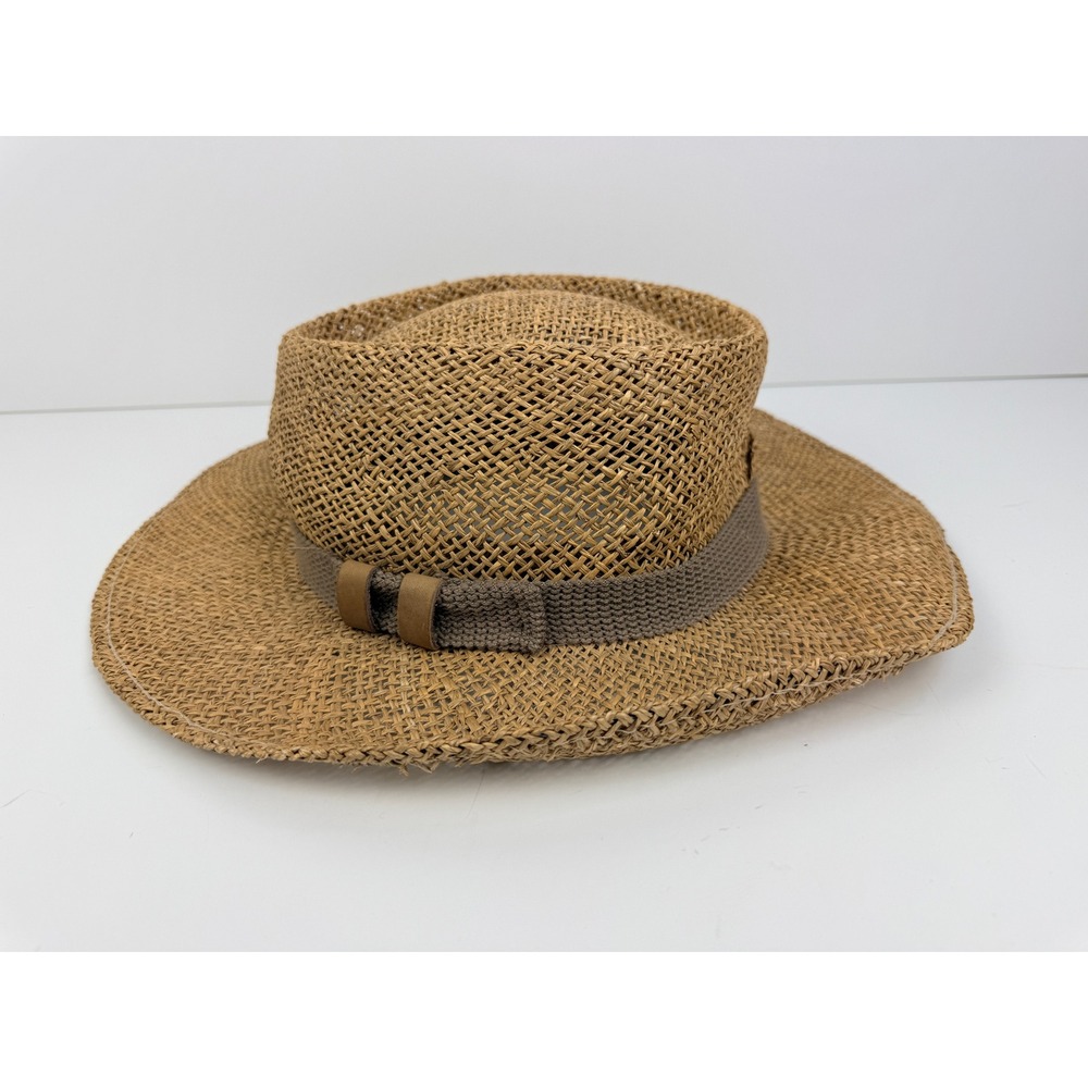 Leather Mill Woven Straw Sun Hat Brown Wide Brim Made in USA Large XL